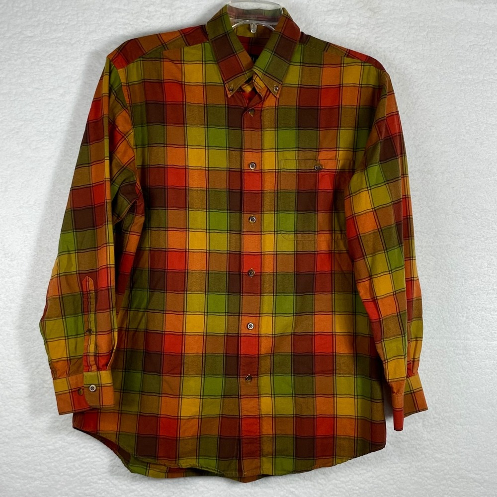 Orvis Men's Large Plaid Button Down Shirt Cotton Wool Blend Orange Green